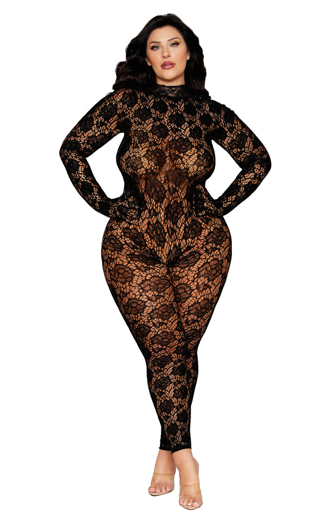 Woman modeling a Sexy Plus Size Lace Gloved Bodystocking, showcasing intricate lace detailing and an open back, highlighting its sheer and elegant design.