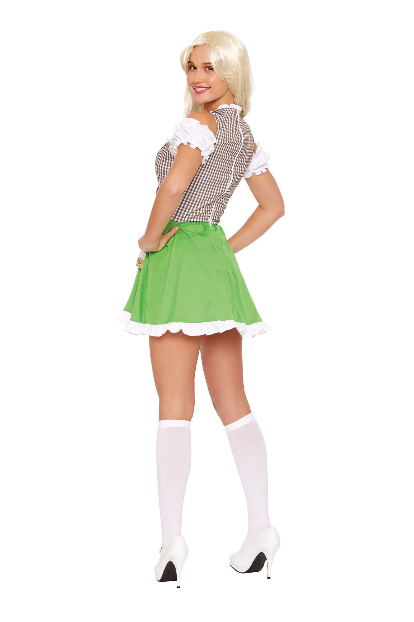 Sexy Oktoberfest Dirndl Halloween costume with green skirt and white accents.