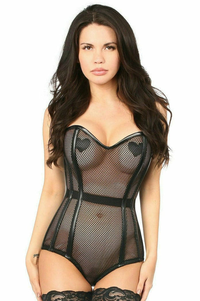 Woman modeling the Deluxe Steel Boned Fishnet Corseted Bodysuit with visible waist cinching, fishnet design, and faux leather accents.