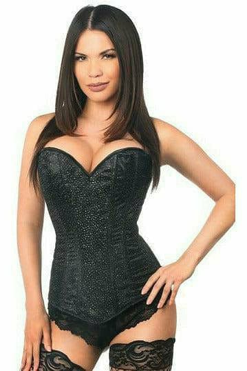 Woman modeling the Sexy Black Glitter Side Zipper Corset with decorative mesh overlay and side zipper, showcasing its elegant silhouette and structured design.