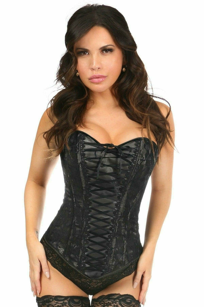 Woman modeling the Sexy Black Lace-Up Overbust Corset, showcasing lace net overlay, lace-up back, and structural boning for a sleek, elegant fit.