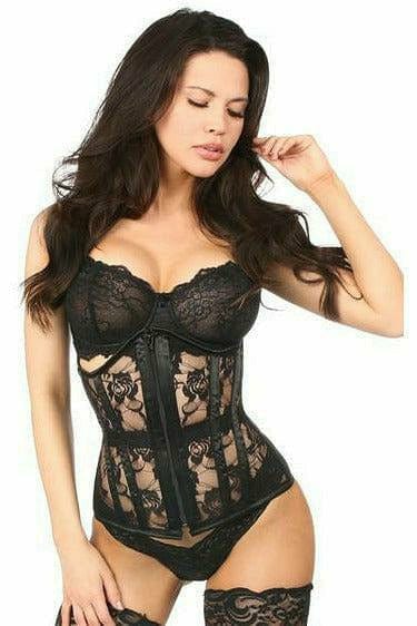 Sexy Black Sheer Lace Under Bust Corset on model, showcasing intricate lace design, supportive bones, and garter loops, emphasizing luxurious and alluring lingerie style.