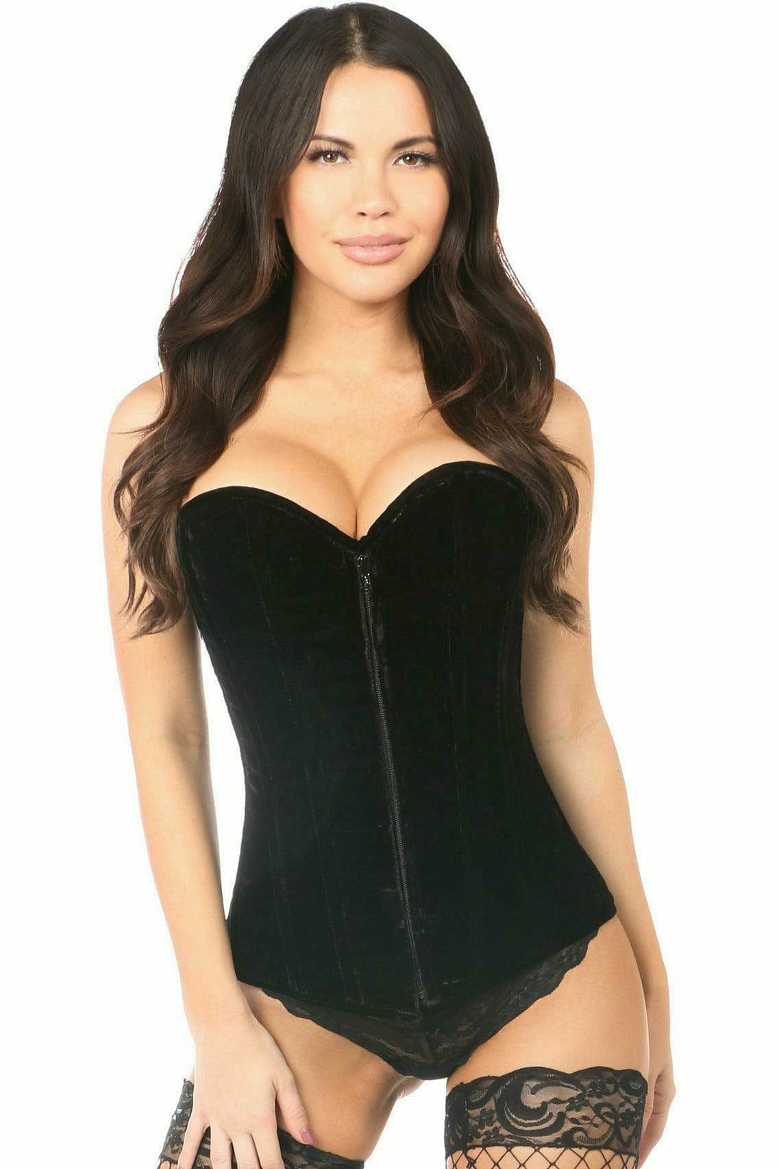 Woman modeling the Sexy Black Velvet Overbust Corset with front zipper, boning, and back lacing, showcasing its elegant design and fit.