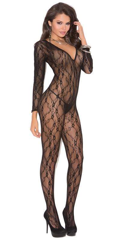 Woman modeling the Sexy Blow Black Long Sleeve Deep V Plunge Bodystocking, featuring a patterned lace design, deep V neckline, long sleeves, and open crotch style.