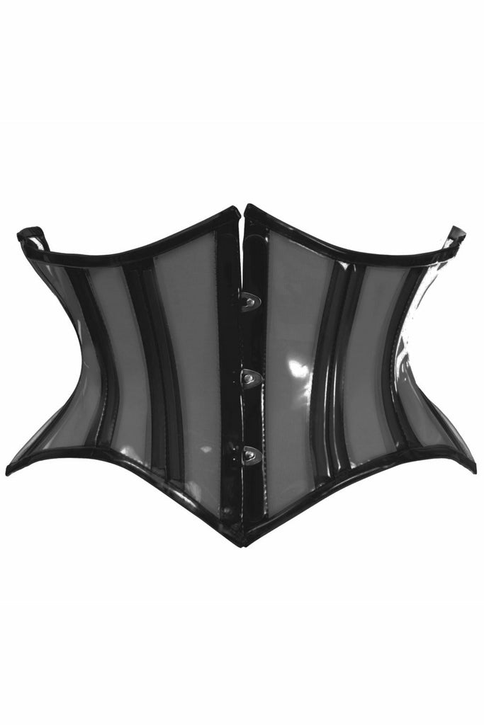 Sexy Clear Black Curvy Cut Mini Cincher Corset with flattering curvy cut, clear fabric, and supportive boning for an hourglass shape. Perfect for festivals or statement wear.