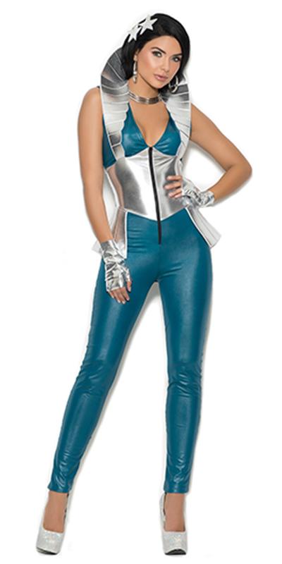 Woman wearing a Sexy Intergalactic Galaxy Woman Costume, featuring stylish space-themed attire, perfect for making a statement at Halloween or cosplay events.