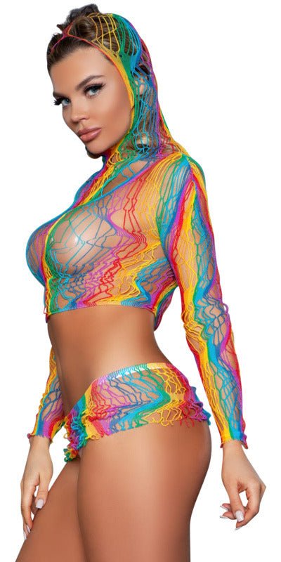 Woman modeling the Sexy Late Night Pride Net Set, featuring a hooded top and sheer miniskirt, highlighting its stylish fishnet design.