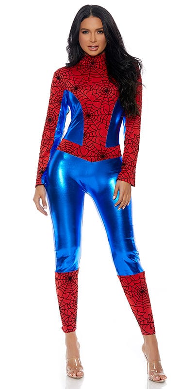 Sexy Spidey's Seduction Superhero Costume on a woman, featuring a metallic mock neck jumpsuit with web print details, embodying a sleek superhero fashion design.