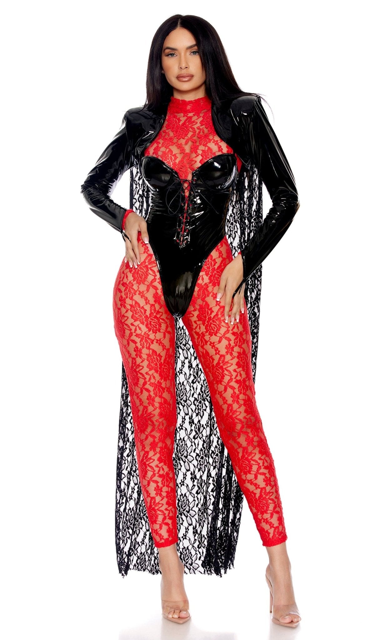Vampire Costume Womens Black Red Collared Vinyl Bodysuit Harness