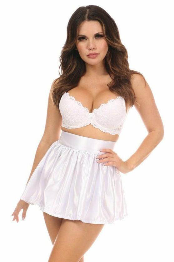 Model showcasing the Sexy White Satin Flared Mini Skirt with a flattering silhouette, perfect for stylish outfits or Halloween costumes, featuring a zipper back with velcro closure.